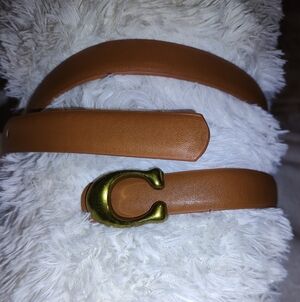 Vegan Leather Tan Belt w/ Gold C Buckle Designer Look High Quality PU 40.5"